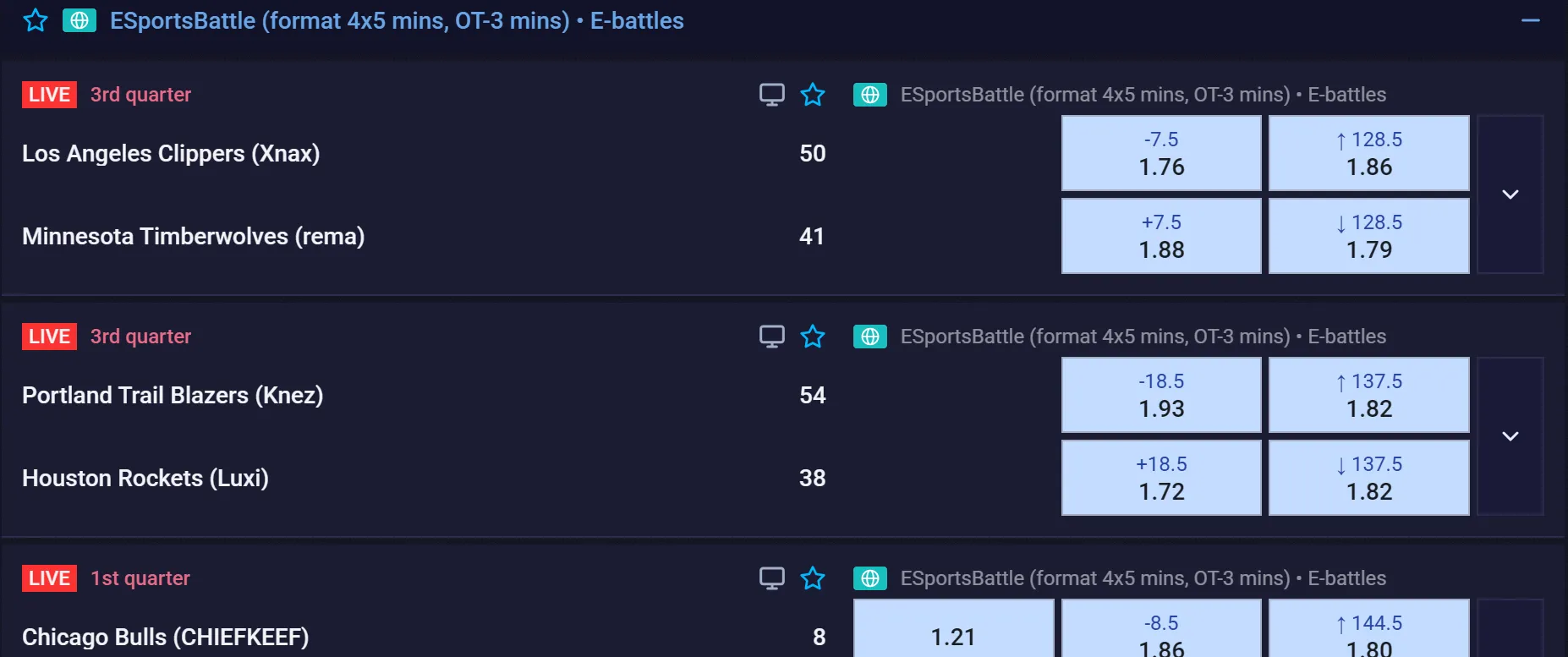 Live betting markets