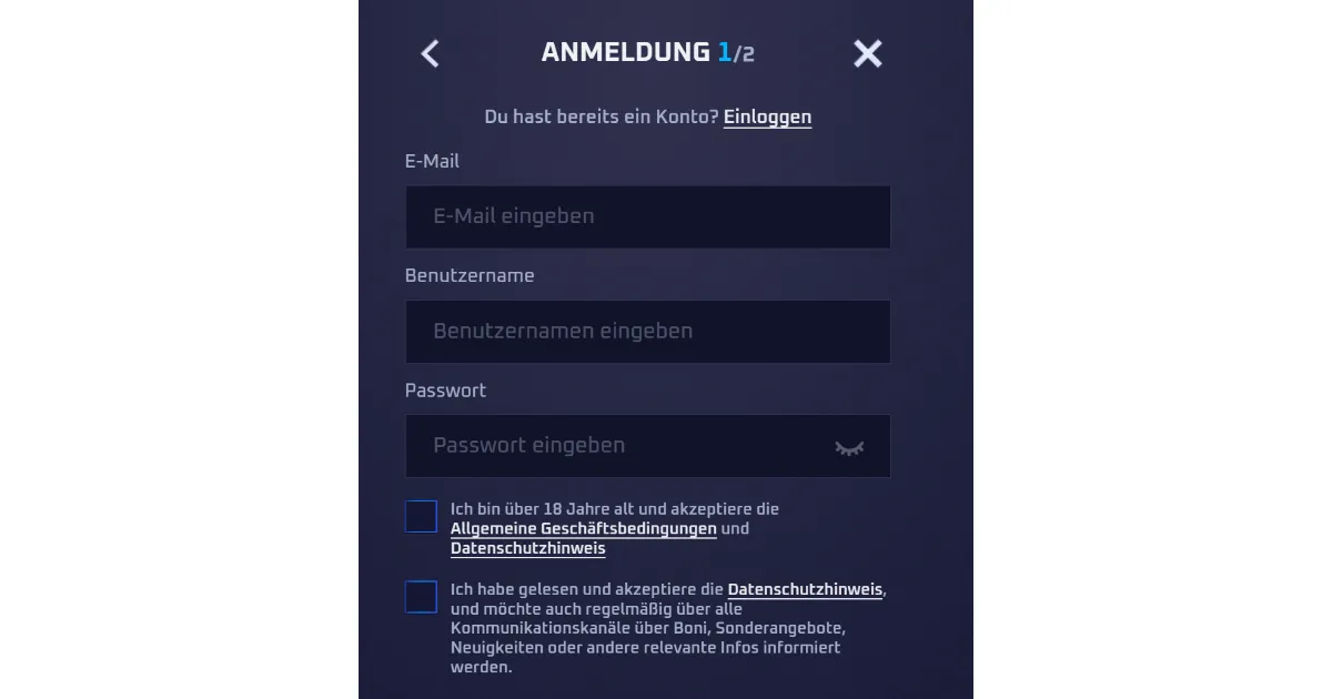 Registrierung bei Sportaza