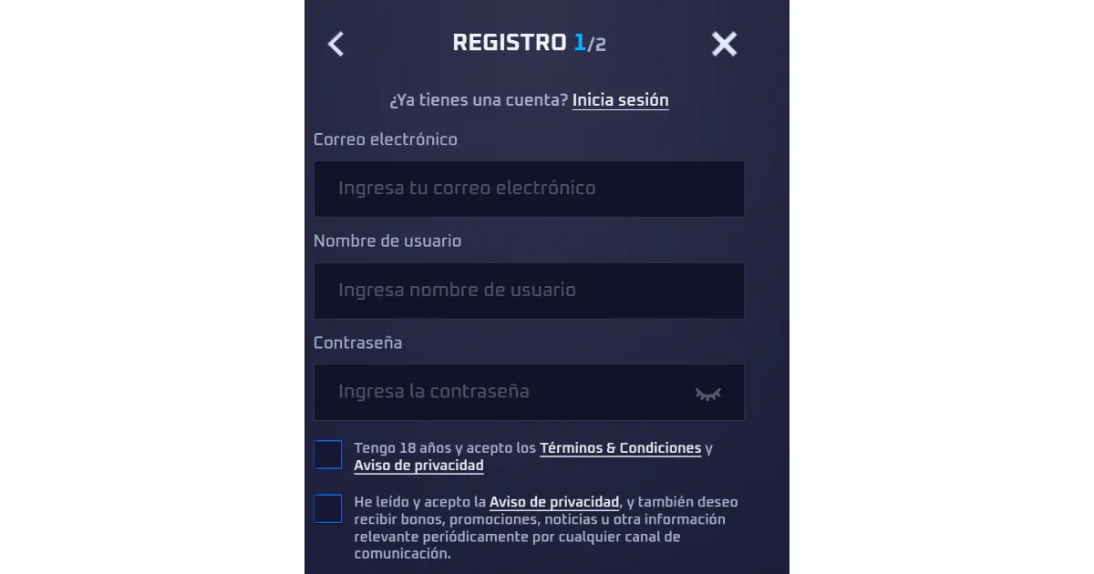 Formulario de registro Sportaza