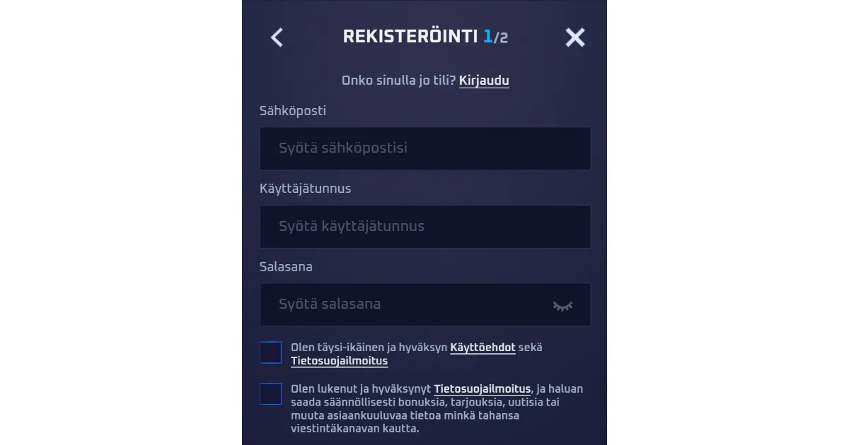 Sportaza-tilin rekisteröintilomake näytöllä
