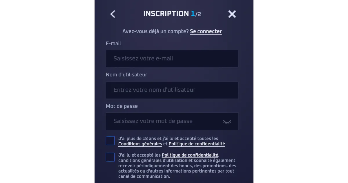 Création de compte Sportaza