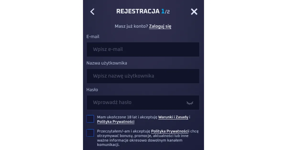 Formularz rejestracji konta Sportaza