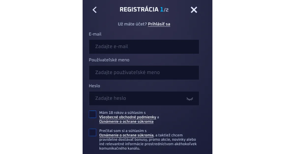 Formulár registrácie Sportaza