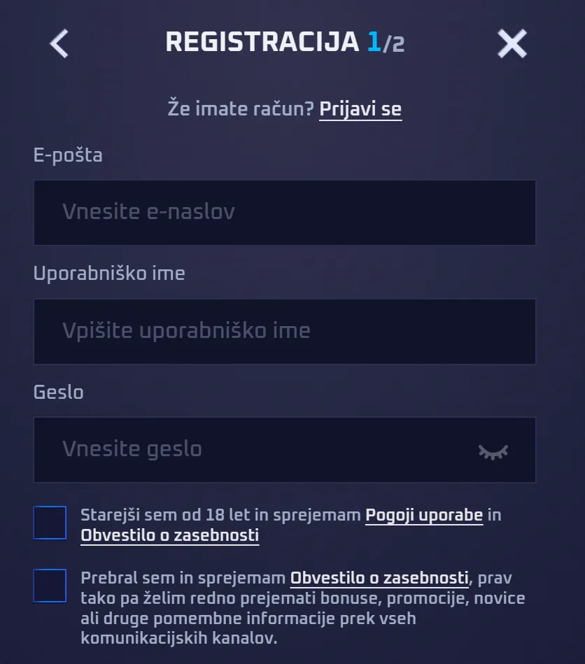 Podrobnosti registracije pri Sportaza